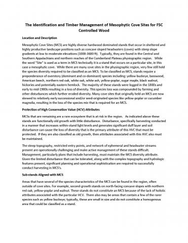 The Identification and Timber Management of Mesophytic Cove Sites for FSC Controlled Wood Page 1